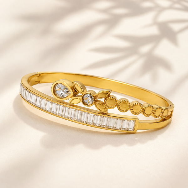 Gold Flush Set Diamond Grain Oval Kada for Women | Smooth Surface Stone Stainless Steel Ladies Bangle | Sleek Design Jewellery - House of Viya