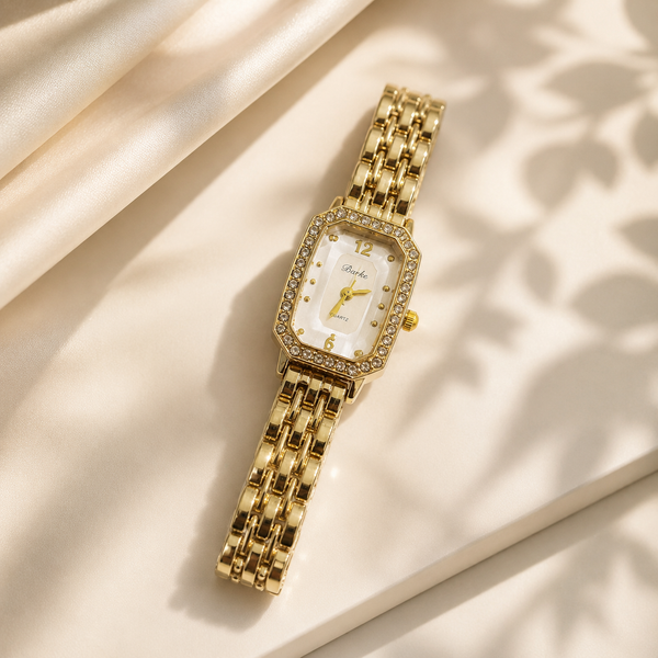 Watches Gold-Tone Rectangular Dial Crystal Studded Chain Bracelet Watch for Women - House of Viya
