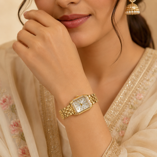 Watches Gold-Tone Rectangular Dial Crystal Studded Bezel Bracelet Watch for Women - House of Viya