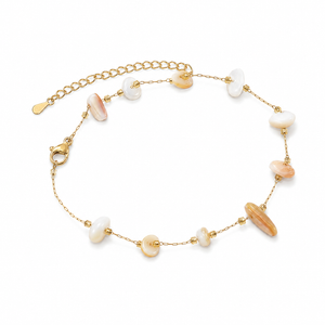 Gold Plated Mother of Pearl White Stone Chip Dual Strand Delicate Chain Bracelet with Lobster Clasp