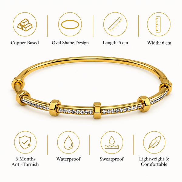 Gold Princess Cut Diamond Panel Oval Kada for Women | Square Stone Stainless Steel Ladies Bangle | Geometric Festive Jewellery - House of Viya