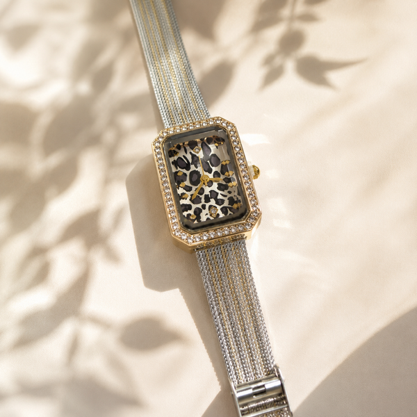 Watches Two-Tone Rectangular Leopard Print Dial Crystal Studded Bezel Bracelet Watch for Women