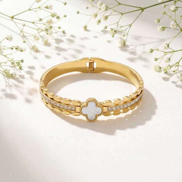 Mother of Pearl Clover Linked Baby Kada Bangle | Gold Plated Quatrefoil Lucky Cuff Bracelet for Women - House of Viya
