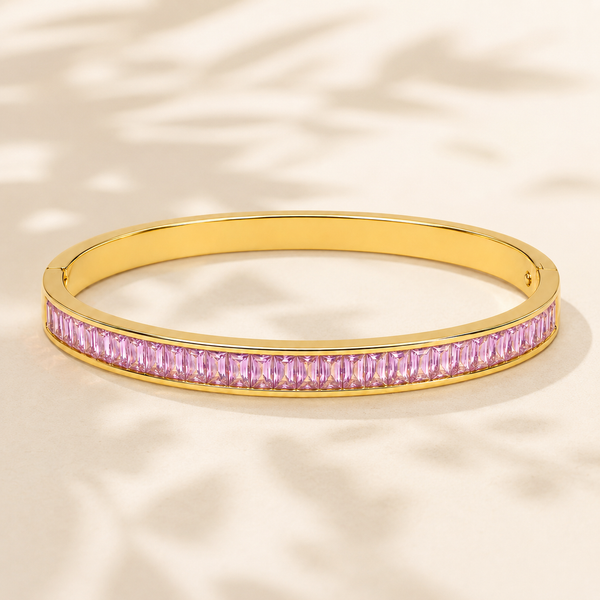 Gold Wavy Pink Stone Oval Kada for Women | Twisted Diamond Cut Stainless Steel Ladies Bangle | Festive Party Wear Jewellery - House of Viya