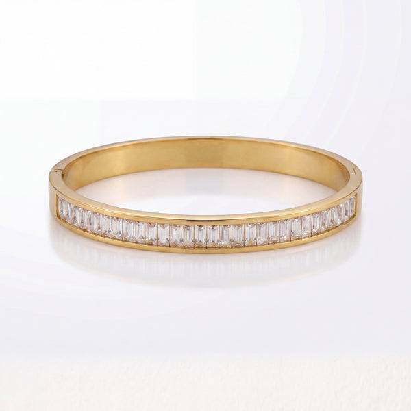 Slim Baguette CZ Eternity Baby Kada Bangle | Gold Plated White Stackable Bracelet for Women - House of Viya