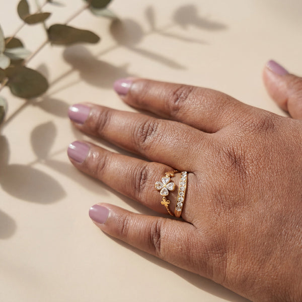 Woman Wearing Crown Tiara CZ Pave Gold Plated Ring - Floral Princess Band Ring on Hand by House of Viya