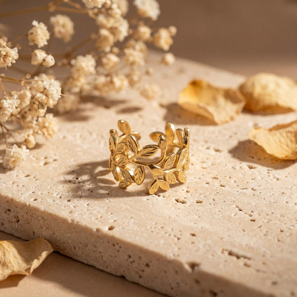 Gold Plated Leaf Vine Wrap Ring for Women - Nature-Inspired Open Band Statement Ring by House of Viya